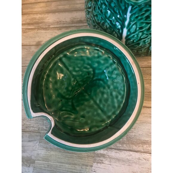 Vintage Majolica Green Cabbage Leaf Soup Tureen Set with Ladle - No Maker’s Mark - Picture 6 of 11